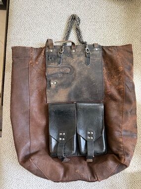 Silent People  Brown Leather Tote Bag with Black Front Pouches